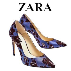 ZARA Blue Floral Brocade Stiletto Heels 6.5 Bohemian Luxe Pointed Toe Pumps